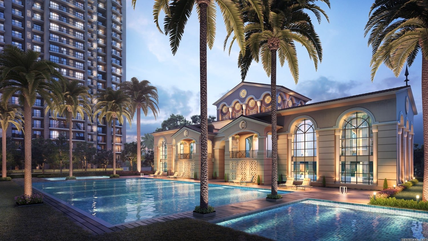 ATS Sector 99A grand clubhouse and resort pool at dusk