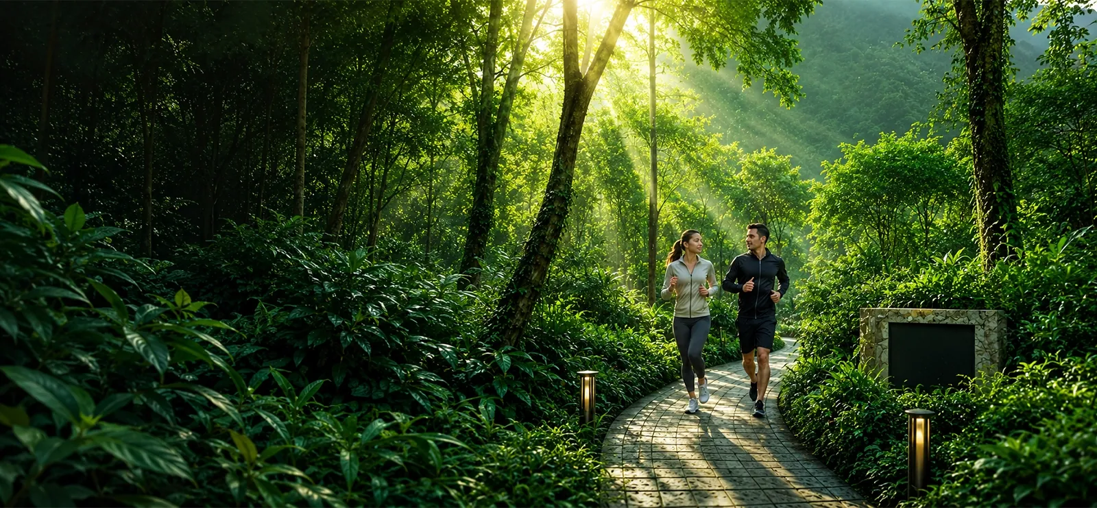 Forest-inspired jogging trail through landscaped greens